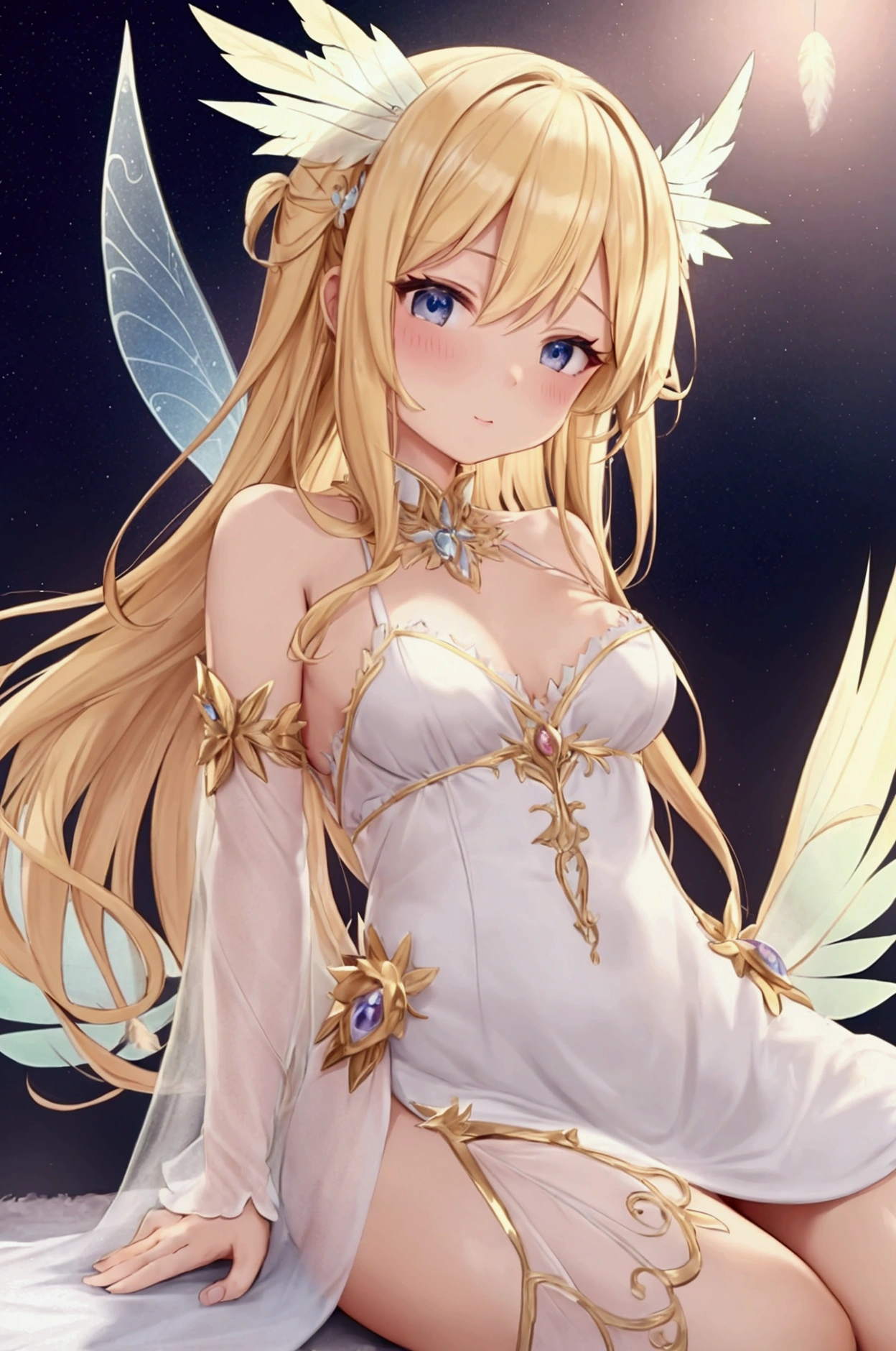 blonde girl, fairy wings naughty, fairy dress made of feathers