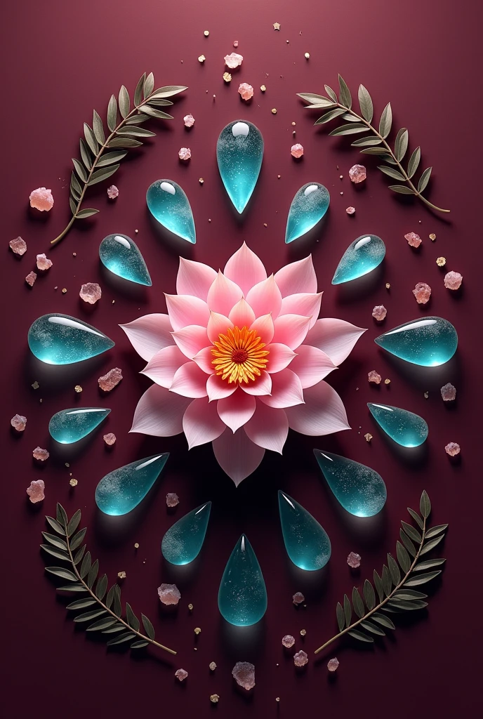 An image with a wine-colored background where laurel leaves are distributed and in the center a lotus flower with aquamarine quartz scattered, all with an aerial view.