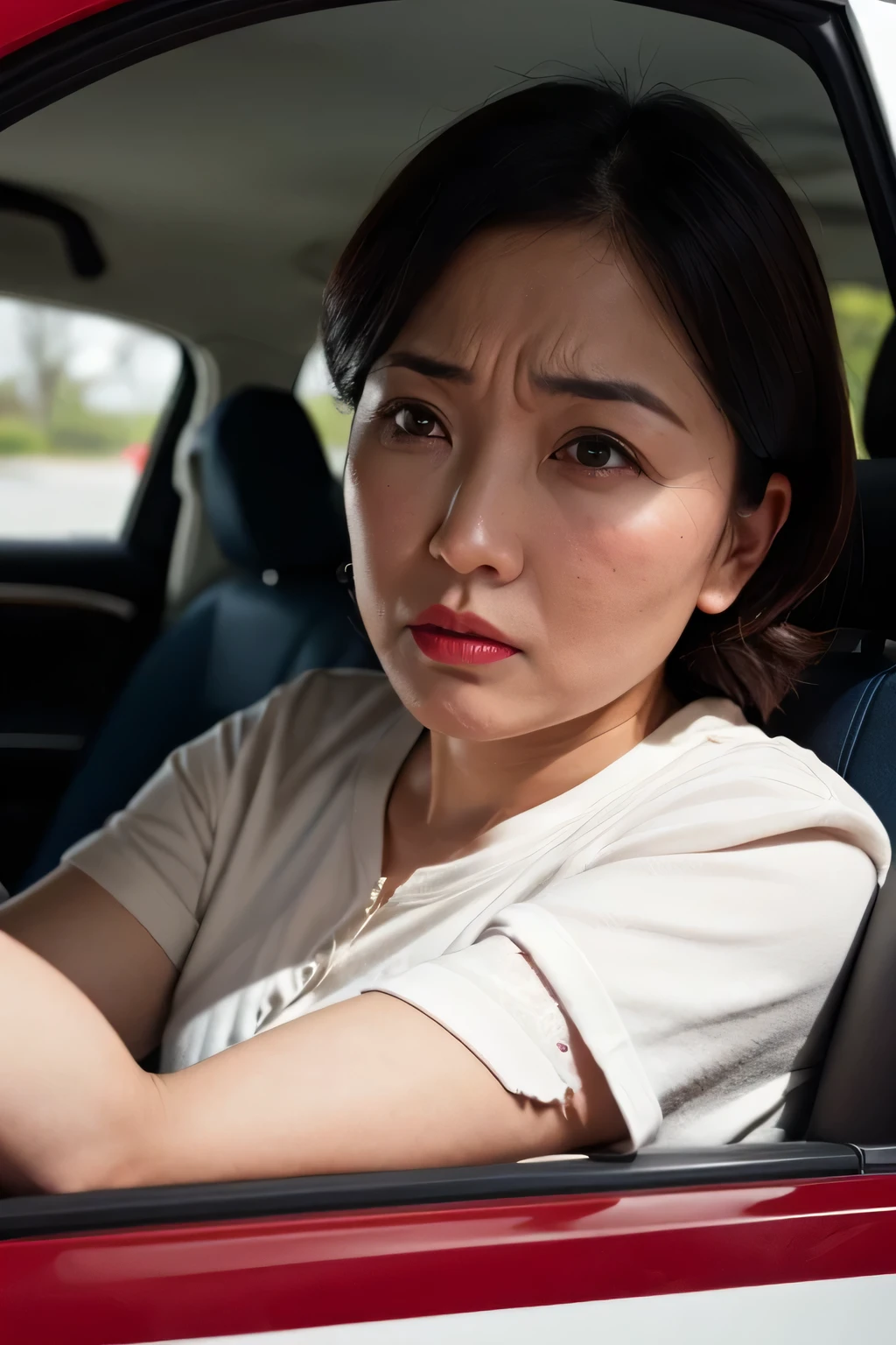 driver's license style, (frustrated expression:1.2), woman glaring, from front, upper body, neutral background, realistic, high detail, Glossy Red Lips、
