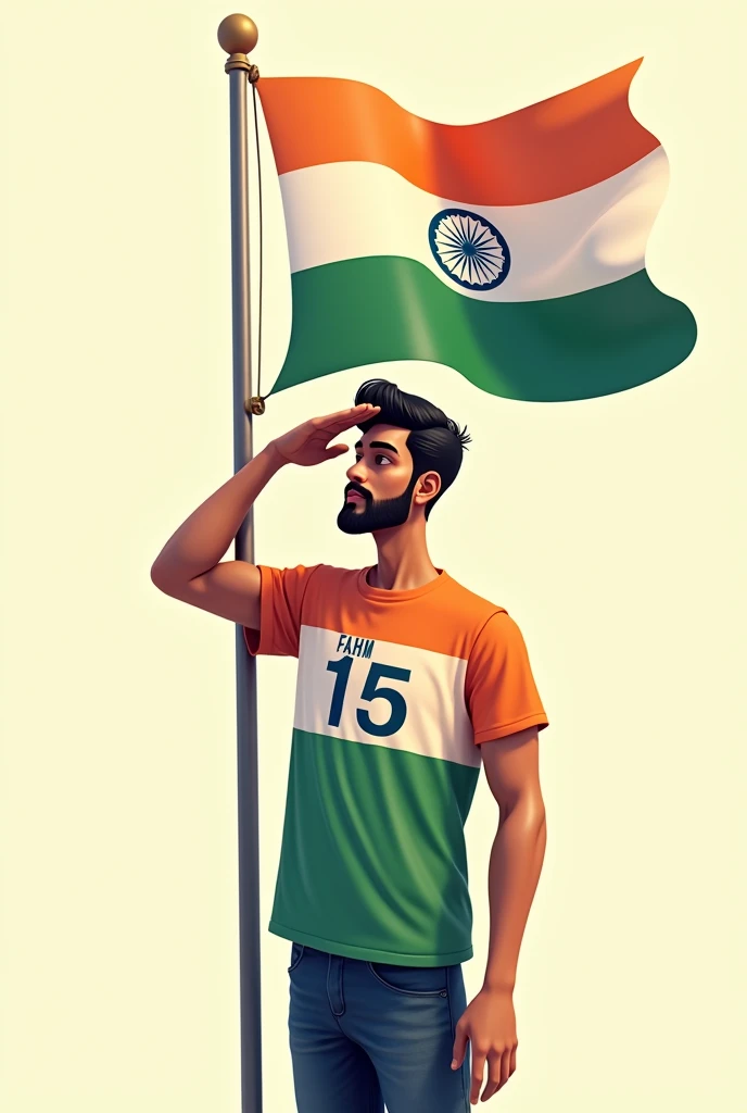 A 25 years old boy salutes the national flag of Bharat and he is wearing a shirt print is like Bharat flag and “Fahim” and 15 number and independence day in small written on it’s back in big and bold fonts, 3d illustration