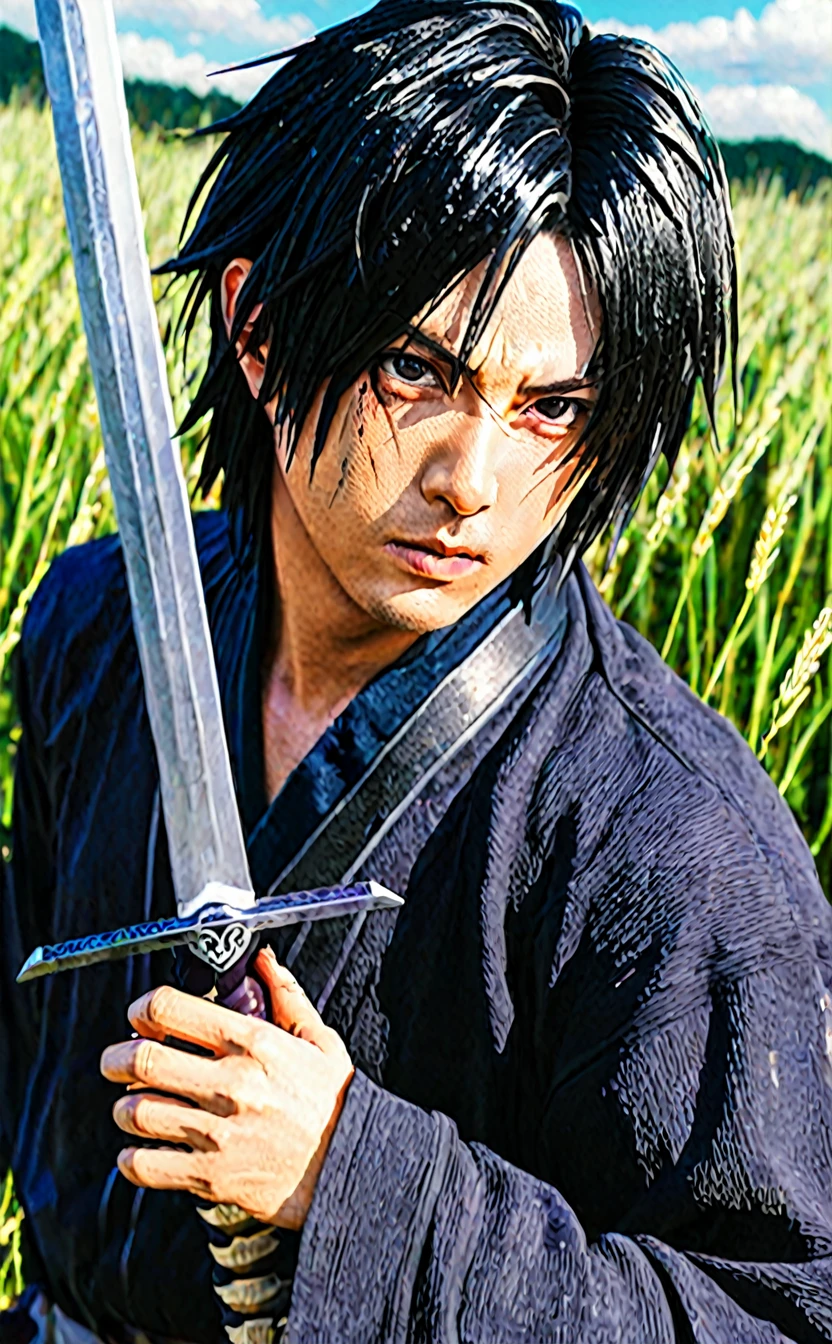 a close up of a person with a sword in a field, sasuke uchiha, badass anime 8 k, digital anime art, detailed digital anime art, epic anime style, handsome guy in demon slayer art, digital advanced anime art, itachi uchiha, itatchi uchiha, advanced digital anime art, advanced anime digital art, clean detailed anime art