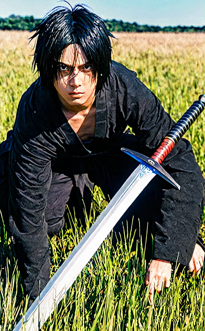 a close up of a person with a sword in a field, sasuke uchiha, badass anime 8 k, digital anime art, detailed digital anime art, epic anime style, handsome guy in demon slayer art, digital advanced anime art, itachi uchiha, itatchi uchiha, advanced digital anime art, advanced anime digital art, clean detailed anime art
