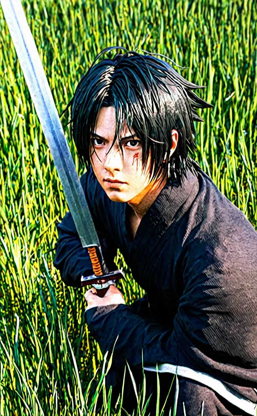 a close up of a person with a sword in a field, sasuke uchiha, badass anime 8 k, digital anime art, detailed digital anime art, epic anime style, handsome guy in demon slayer art, digital advanced anime art, itachi uchiha, itatchi uchiha, advanced digital anime art, advanced anime digital art, clean detailed anime art