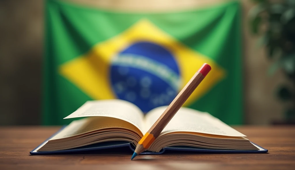 Blurred Brazilian flag in the background, in the foreground an image that signifies the education we want is in our hands with a pencil and a book. 