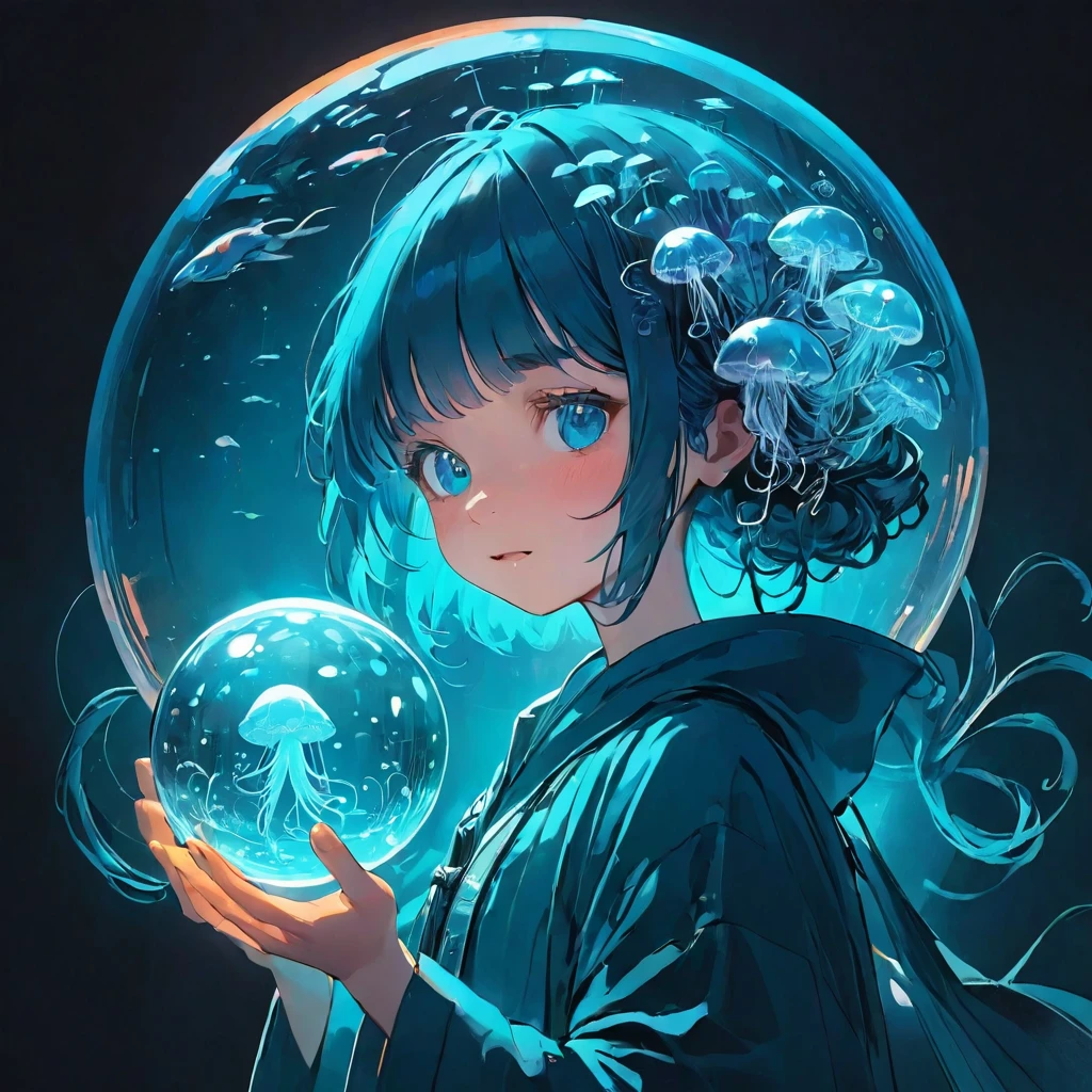 finely detailed illustration, vibrant color,High resolution、8k、cute、One beautiful girl、fullbody shot, fullbody to to the toe, happy smile、Perfect and detailed eye drawing、Highest quality、masterpiece、detailed eye and face, A person holding a glass ball with a jellyfish inside, Hologram by Beeple, Trending on CGSociety, magical realism, Cyberpunk Jellyfish, Cyberpunk Blue Lens Effect, Jellyfish Shrine Maiden, Digital Artレンダリング, Artem Demra Beeple, Spectacular concept art. Bokeh, Digital Art