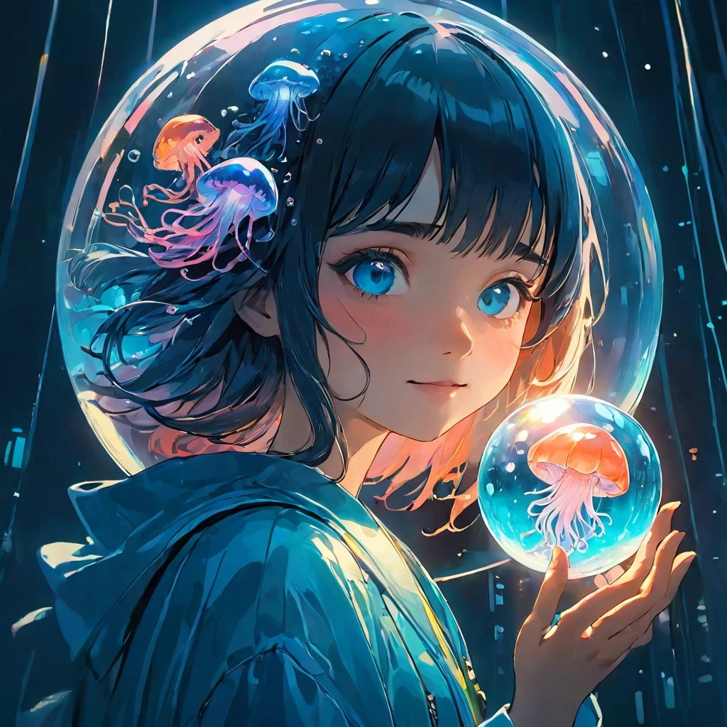 finely detailed illustration, vibrant color,High resolution、8k、cute、One beautiful girl、fullbody shot, fullbody to to the toe, happy smile、Perfect and detailed eye drawing、Highest quality、masterpiece、detailed eye and face, A person holding a glass ball with a jellyfish inside, Hologram by Beeple, Trending on CGSociety, magical realism, Cyberpunk Jellyfish, Cyberpunk Blue Lens Effect, Jellyfish Shrine Maiden, Digital Artレンダリング, Artem Demra Beeple, Spectacular concept art. Bokeh, Digital Art