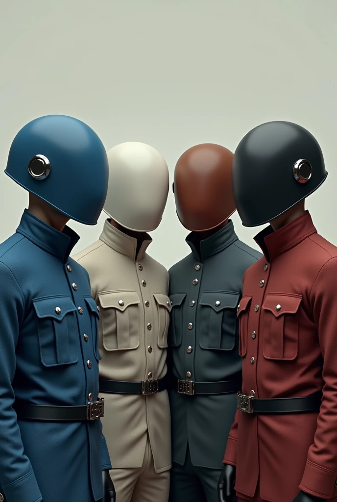 4 men in blue, white, brown and black with 4 closed blue helmets, offwhite, brown and black