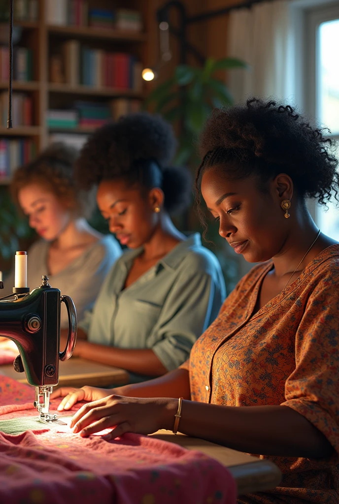 seamstresses
1 white obese woman
1 brown obese woman
1 black woman
Sewing on the sewing machine 