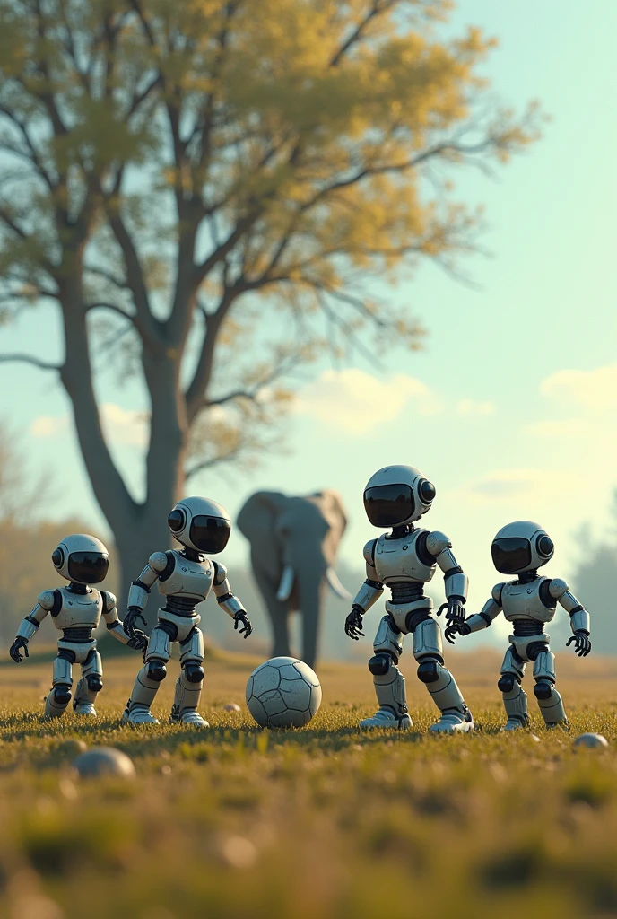 Five robots play soccer after a nuclear war against the backdrop of a single birch tree, and an elephant is watching them from behind.