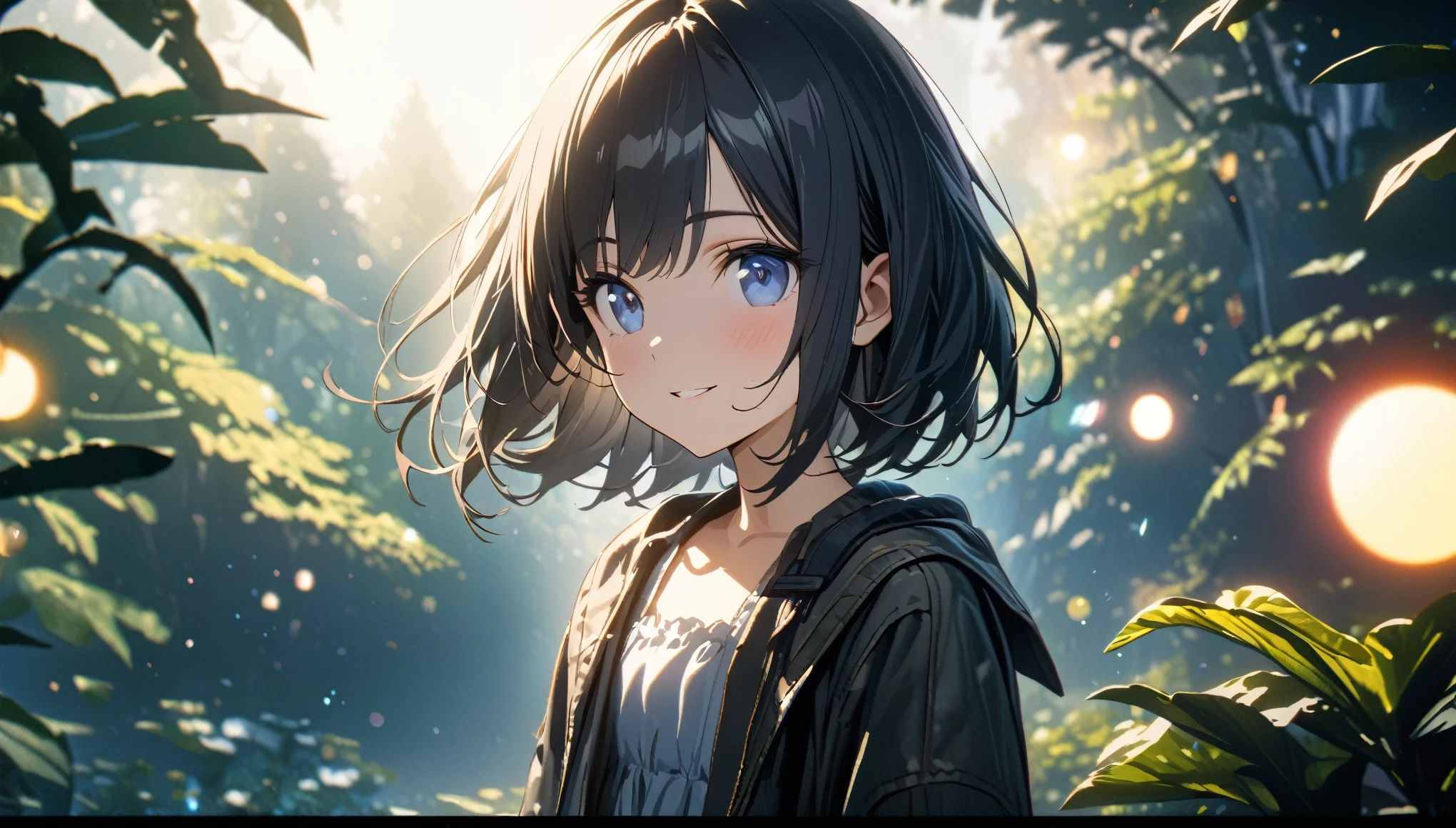 ((ultra-detailed))/(one women with short black hair and bob hair.、beautiful blue eyes,.、smile、gentle smile on her face、flat chest, one Beautiful girl,((masterpiece, illustration, best quality) ((ultra-detailed))/),a girl at a forest,濃い青とBeautiful Blueのグラデーション, High resolution, 8K HD detail, hyper-detail, cinematic, surrealism, soft light, deep field focus bokeh, ray tracing and surrealism. --v6