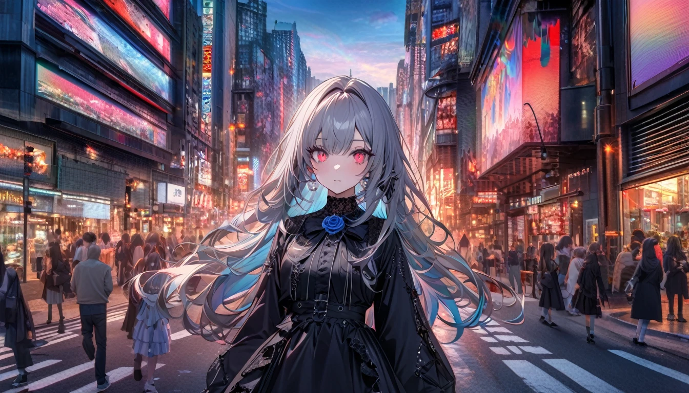 Modern city, busy street at dusk with rainbow, tense lens, the main body of the photo is the background of the big city, bright and fresh photo, beautiful abstract big city and teenage girl character in it. Gray hair color, red glowing eyes, long hairstyle, mole under the left eye, blue rose brooch, gothic lolita fashion, surreal background, enchanting style,