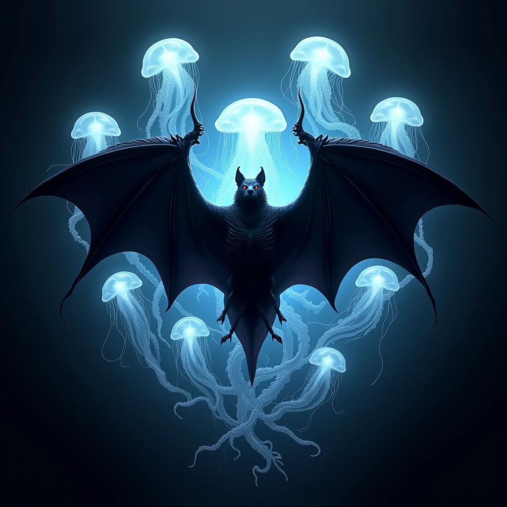 Black bat coat of arms with Glowing jellyfish around it 
