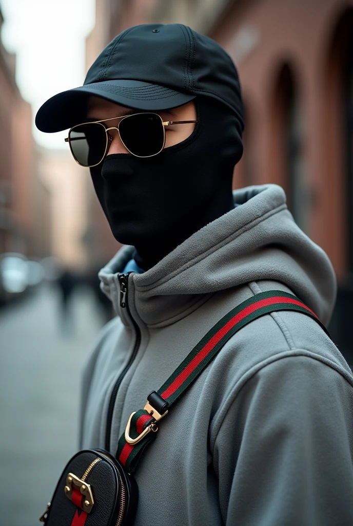 Take a profile-type photo of me,of a guy, a portrait-type photo,the boy flesh-colored skin,with a full-face visor grey fleece jacket,black cap with the visor flipped back and a Gucci-style crossbody bag with a green and red strap ,and some luxury gold-rimmed black square Cartier-style sunglasses,with a street background the boy's face is square and he has a balaclava covering his entire face except for his eyes, the boy is looking to the side