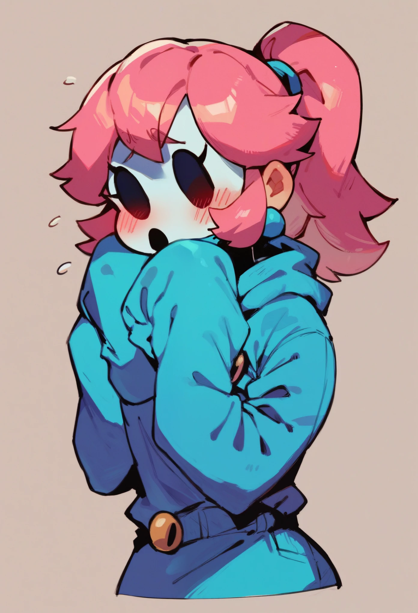 shy gal (mario),  shy guy mask, blue clothes, pink hair, ponytail