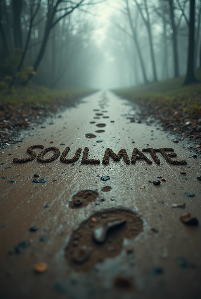 There is a ghosty, fantasy title "SOULMATE" written on a muddy ground. There is a little muddy storm in the atmosphere bare small foot prints and mark of a small tyre over the ground behid the title. A 3D, fantasy, adventure, realistic and aesthetic poster.
