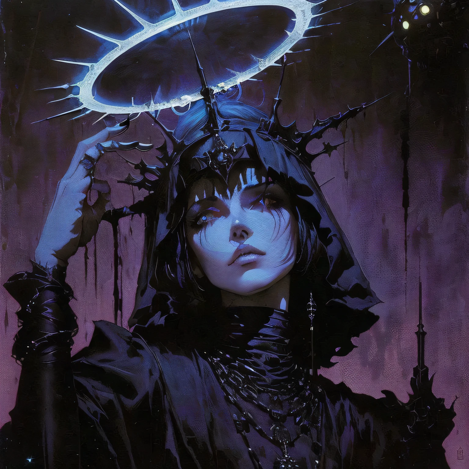close-up of a person with a crown on their head, Occult Cyberpunk, greg beeple, old school dark fantasy art, Hyper Goth, inspired Alexi Briko, Alexi Briko, jeffrey jones, Neo-Gothic Art, Jeffrey Catherine Jones, Philippe Druillet, guillem h. pong ball, Dwayne Barlow