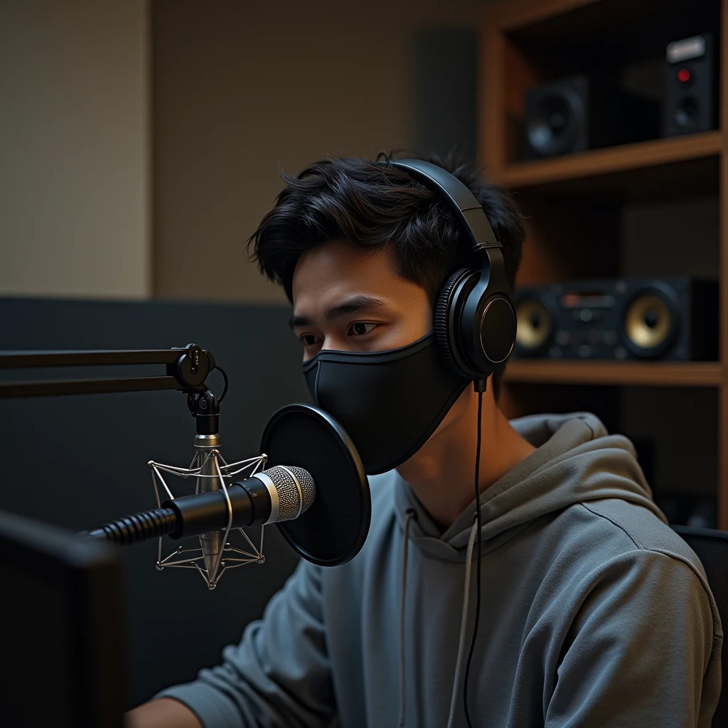 A young man voice recording in his studio with mic and his face cover the mask
