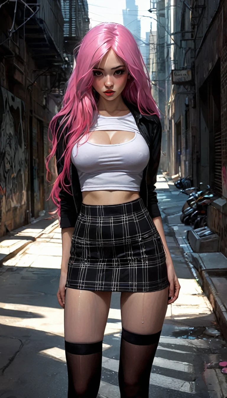 -girl standing on the street, perfect girl with long pink hair, sexy, perfect ass, wearing a very tight and sexy crop top, Dark Alley, plaid miniskirt, stockings, city, black shirt-, eroticism, sexy, black and white image, between shadows, oil painting, chiaroscuro, sensual, dramatic lighting, moody atmosphere, photorealistic, intricate details, masterpiece, ultra-detailed, high quality, 8k, best quality, realistic, cinematic, dark and brooding, expressionist, powerful composition, emotional impact , {{{,nsfw,speech bubble,sexy nude, {{{,{pussy,spread her pussy,cum,cum on pussy,masterbation,straddling,y}}},cute,ultra detailed skin,sketch}}}, ,}}}, art inspired by Bill Sienkiewicz and Dave McKean
