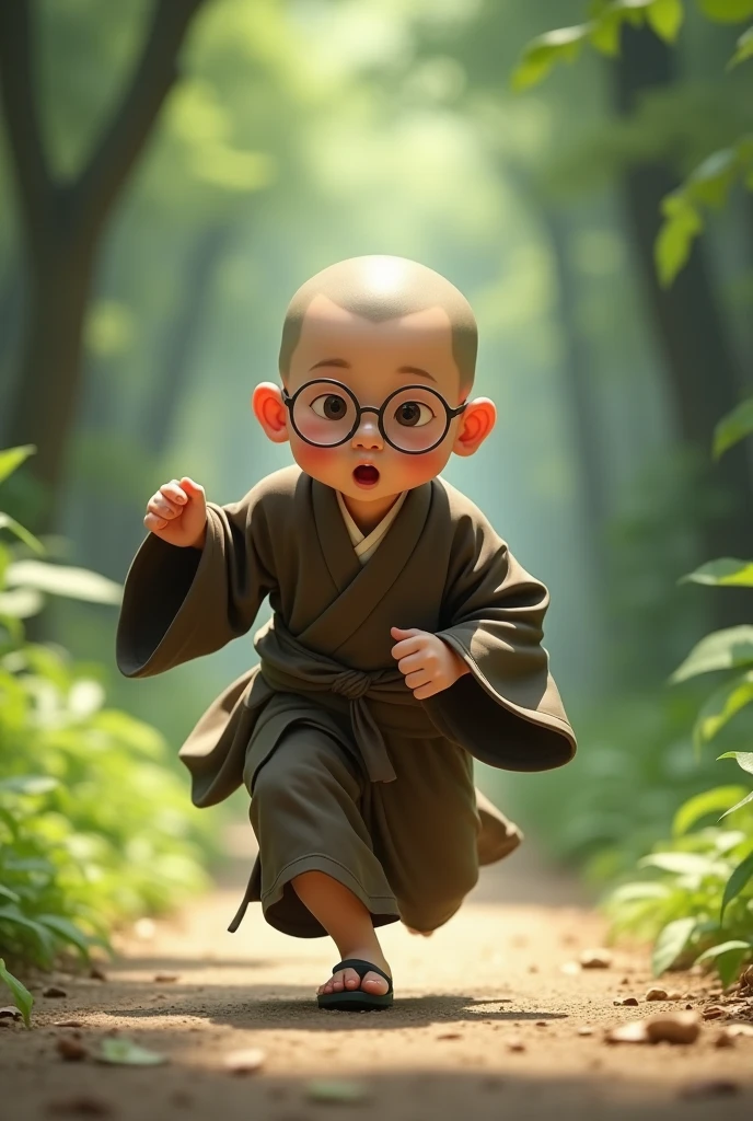Japanese monk with glasses running forward