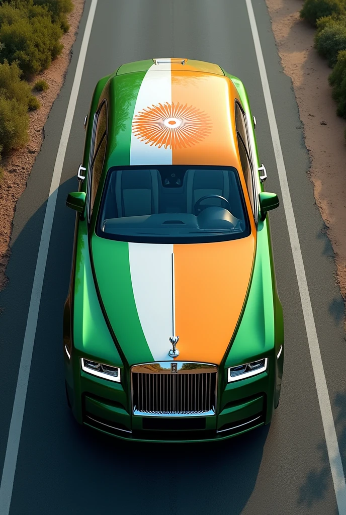 (photorealism:1.2), A majestic Rolls-Royce luxury sedan is parked majestically on a pristine highway, captured from a dynamic top-angle perspective. The vehicle's sleek profile is accentuated by the bold, vibrant colors of India's national symbol: an orange 'Dicky' door, a white Ashoka Chakra emblazoned on the roof, and a lush green bonnet.