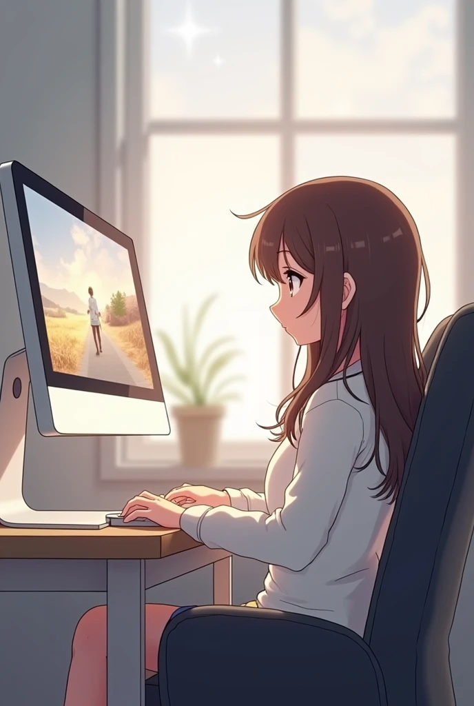 A brown-haired, white-skinned anime girl with long hair, wearing a white sweater, sits in a chair watching someone play a game on a white dual-screen PC.