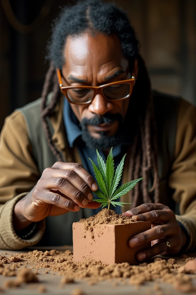 Cinematic soft lighting illuminates a 20- to 30-year-old North American cannabis grower. Hombre blanco, guapo, dark brown hair, corto, con detalles impresionantes y ultrarrealistas, Detailed face and expression, ojos claros suaves, Sonrisa sutil, Retrato en primer plano de foto gran angular del cuerpo. 8K alto detalle.