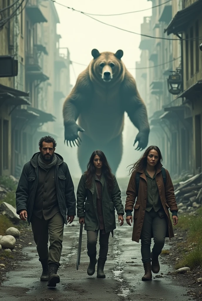 an abandoned city with 3 people in crisis to move forward walking towards a new life to find settlement for a good and peaceful life and then attacked with a bear