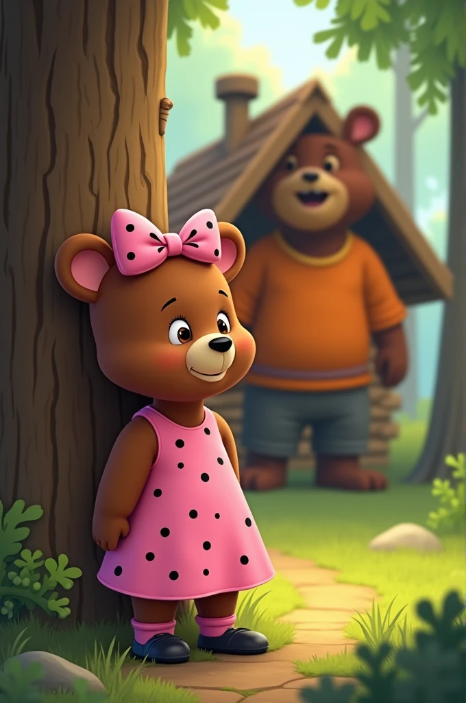 withAn image for the cover of a digital book animated bears The book is about a bear who tells Nicoletta his daughter how he met her mother Nicoletta a little bear wearing a pink dress with black dots a pink bow with black dots and black shoes with pink socks are in a forest behind Nicoletta you can see a wooden cabin and Nicoletta's father is hiding behind a tree he is a muscular animated bear with an orange shirt and pants the father bear is behind the tree and Nicoletta is in front of the wooden cabin