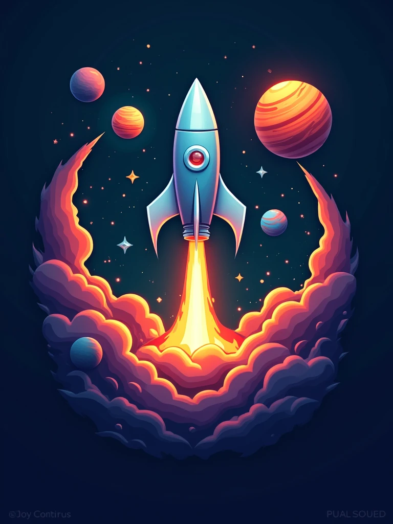 a logo featuring a stylized rocket taking off, surrounded by colorful planets and stars. Colors: dark blue, orange, purple and green.