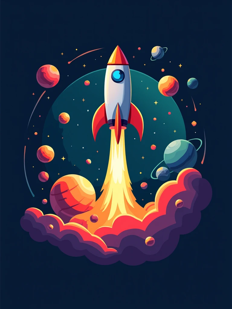 a logo featuring a stylized rocket taking off, surrounded by colorful planets and stars. Colors: dark blue, orange, purple and green.