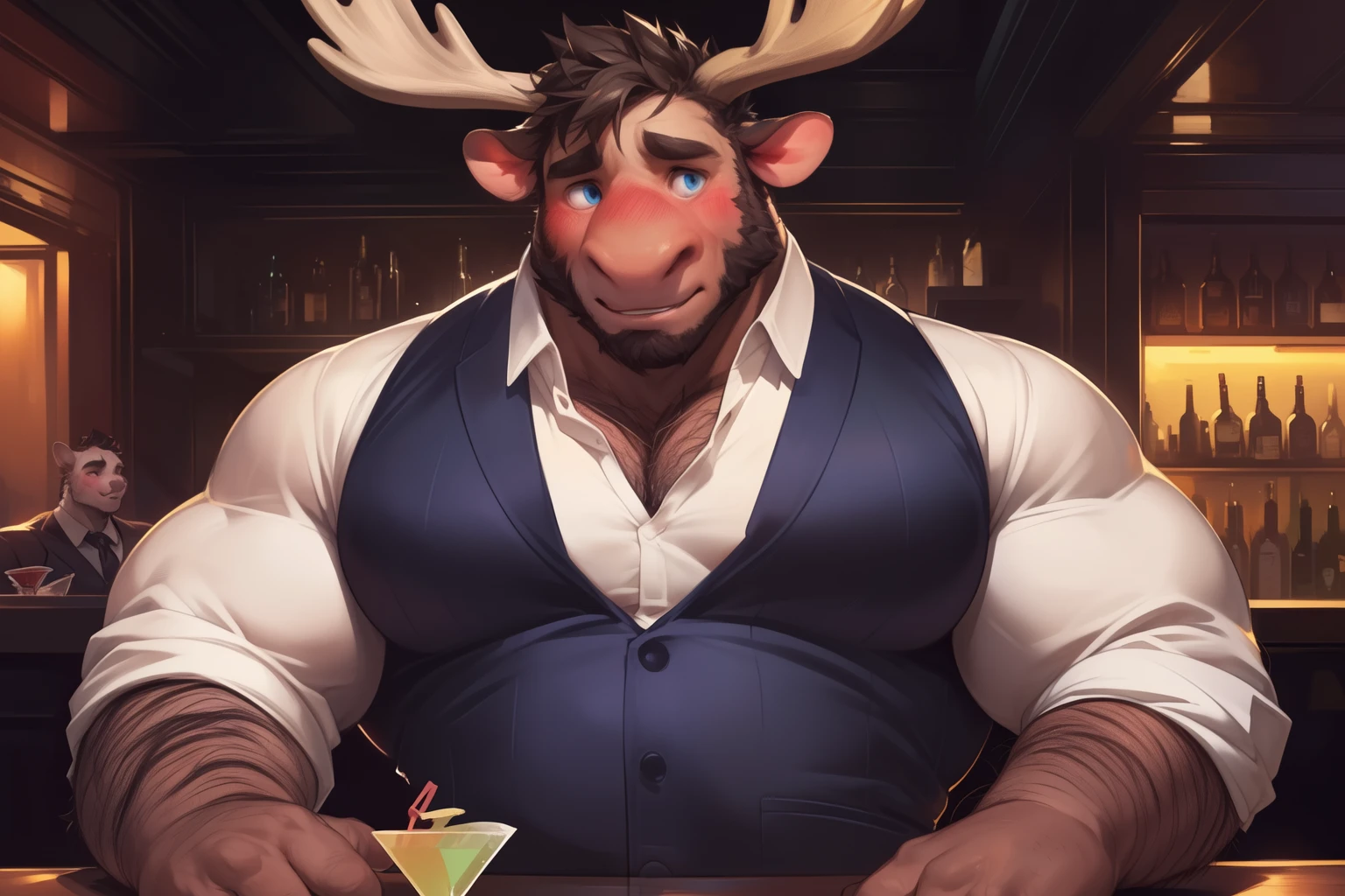 ((Huge heavy muscles, muscular hairy chest, hefty pecs ):1.2), juicy pecs, 6 pack abs, tall male young, slim waist, anthro moose, big moose antlers, thin beard, flirting, dynamic light, ((wearing a very tight button-up white shirt with a matte black vest, shirt is tearing apart):1.2), beautiful blue eyes, very hairy body, black super hairy chest, extremely hot and sexy, ((shy face, blushing cheeks):1.3), Daddy figure, hot daddy, by darkgem, by zixiong, by glitter trap boy, bartender, in a bar, ((offering a cocktail at the camera):1.3), bulge