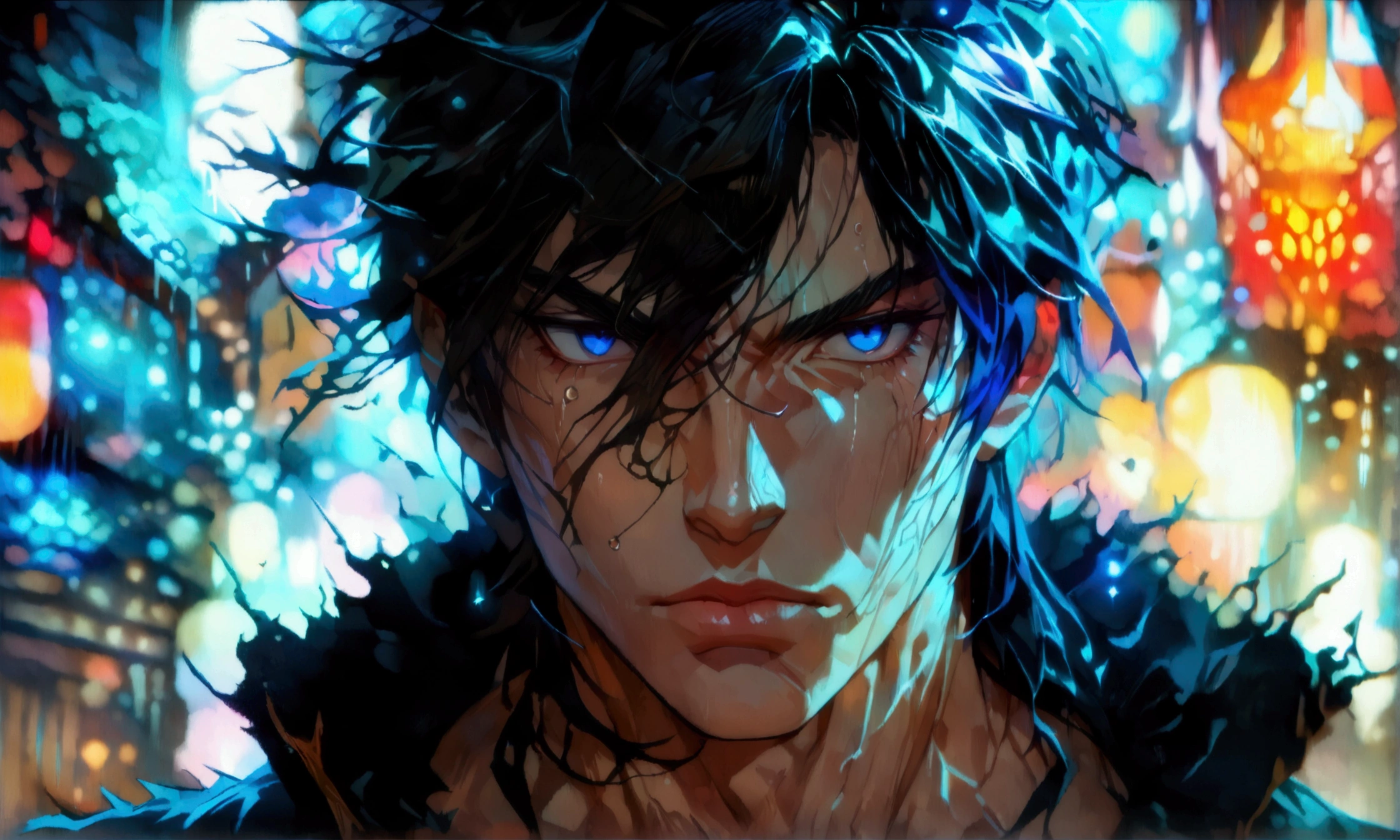 Muscular man, messy big dark blue hair, black eyes, dark style black outfit, serious look, ((Intricate anime character design inspired by Castlevania)), ((Stunning lighting)), ((Fine lines)), ((Stunning focus)), ((Stunning face)), ((Detailed focus)), ((Detailed background)), ((Ultra-fine 2D design)), ((Creativity-soaked scenery)), ((2D masterpiece)), ((Best quality), ((8K)), ((Anime style))