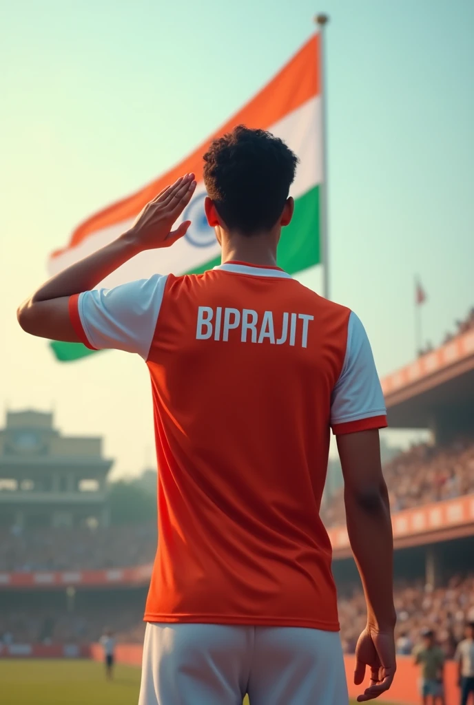 Create a whatsapp dp of a 19 years teen wearing a jersey of name Biprajit and saluting indian flag at independence day and he is showing his back side