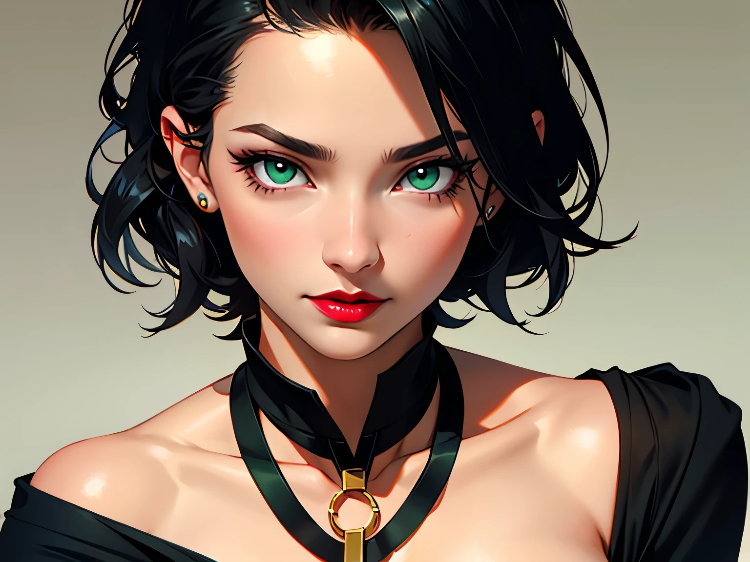 40 year old woman with seductive look and expression, looking in front of the camera, face and bust view, medium length black hair, basic clothing, neutral background, dark green eyes , Red lipstick, neckleace