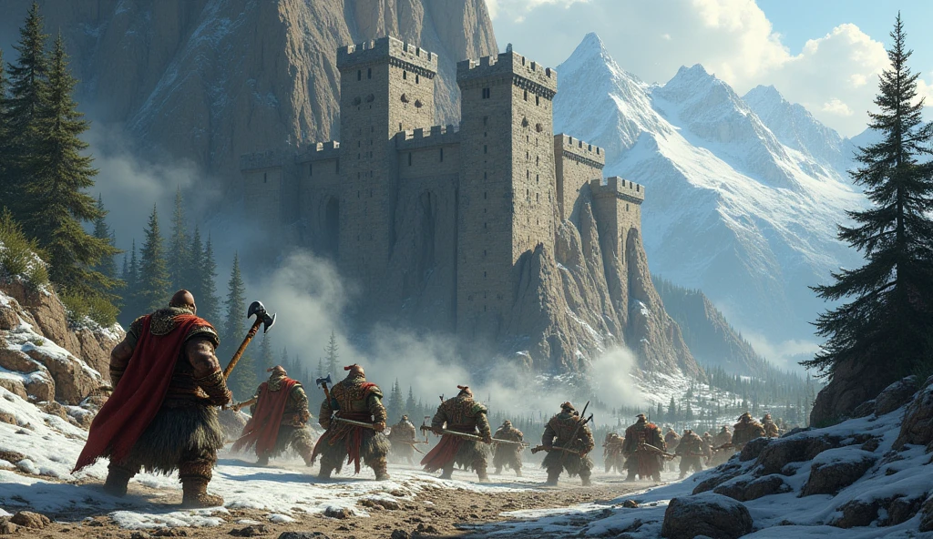 dwarven mountain fortress, built into granite cliff, orcs attacking and dwarves defending