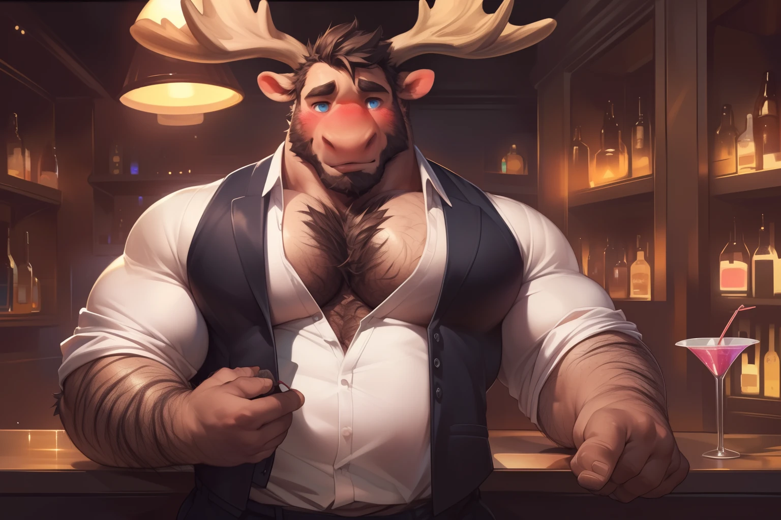 ((Huge heavy muscles, muscular hairy chest, hefty pecs ):1.2), juicy pecs, 6 pack abs, tall male young, slim waist, anthro moose, big moose antlers, thin beard, flirting, dynamic light, ((wearing a very tight button-up white shirt with a matte black vest, shirt is tearing apart):1.2), beautiful blue eyes, very hairy body, black super hairy chest, extremely hot and sexy, ((shy face, blushing cheeks):1.3), Daddy figure, hot daddy, by darkgem, by zixiong, by glitter trap boy, bartender, in a bar, ((offering a cocktail at the camera):1.3), bulge