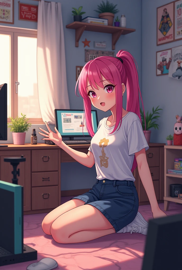 Anime character, tied hair, YouTube channel, room setup