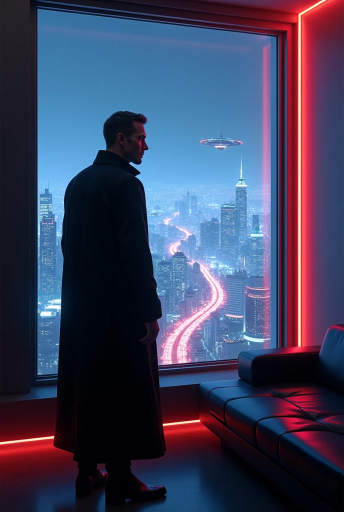 Make an image of Mr. Destiny looking out a large window at a futuristic city at night in a dark room with LEDs and neon in the corners. Profile picture.