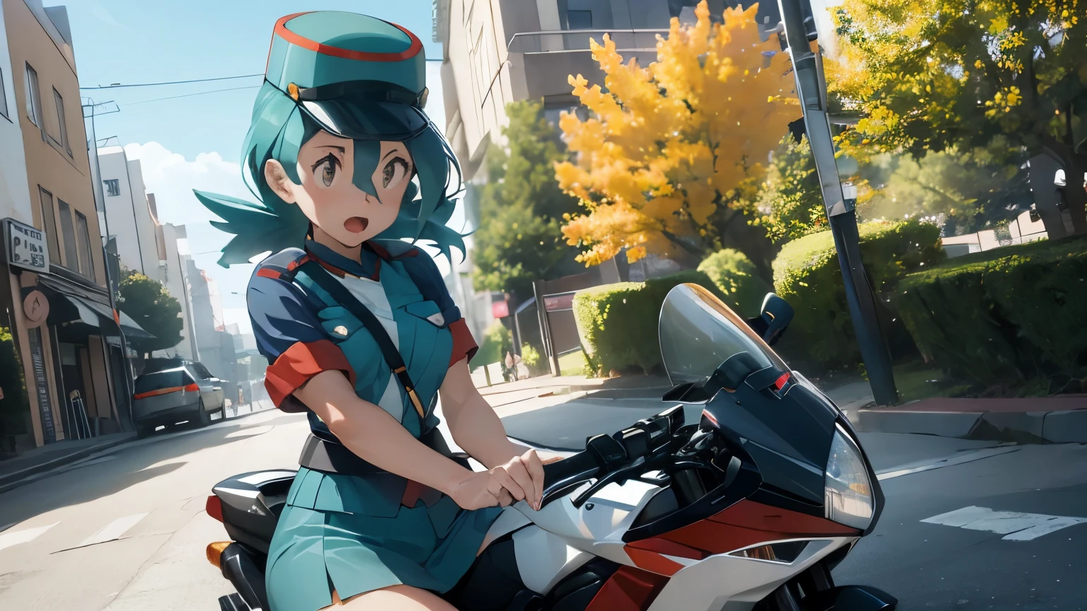 (high quality)(HD)(4k)Officer Jenny from the Pokemon series, on top of a parked motorcycle, She is very angry.