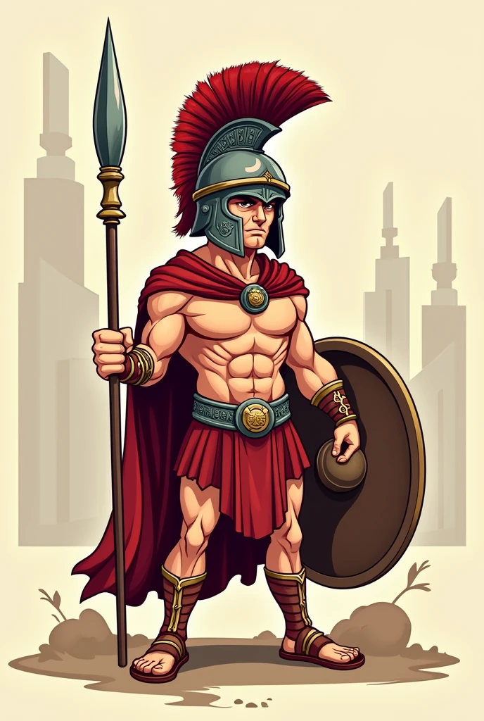 A cartoonish Spartan with a shield and spear