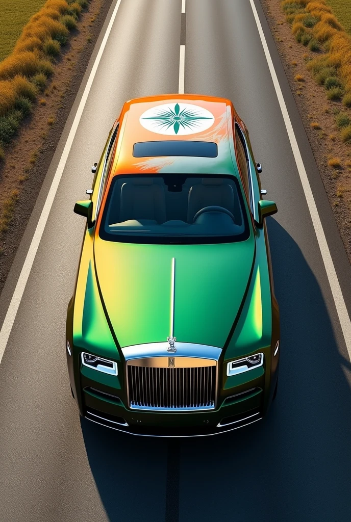 (photorealism:1.2), A majestic Rolls-Royce luxury sedan is parked majestically on a pristine highway, captured from a dynamic top-angle perspective. The vehicle's sleek profile is accentuated by the bold, vibrant colors of India's national symbol: an orange 'Dicky' door, a white Ashoka Chakra emblazoned on the roof, and a lush green bonnet.