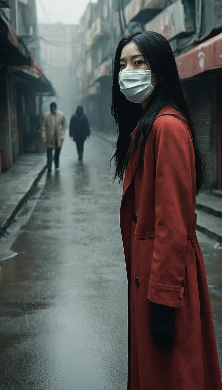 "Create a haunting image of a woman with a terrifying appearance. She is dressed in a long, traditional red coat, slightly tattered at the edges, and wears a white surgical mask. The woman has long, straight black hair that falls over her shoulders and partially obscures her face. Her eyes are wide, piercing, and filled with a menacing glare. The mask is pulled down slightly to reveal her mouth, which is unnaturally wide, slit from ear to ear, with a jagged, gory grin. She is standing in a dimly lit urban street at night, with fog swirling around her feet and a sense of dread in the air. The overall atmosphere is dark, eerie, and unsettling, with muted colors that emphasize the horror of the scene.