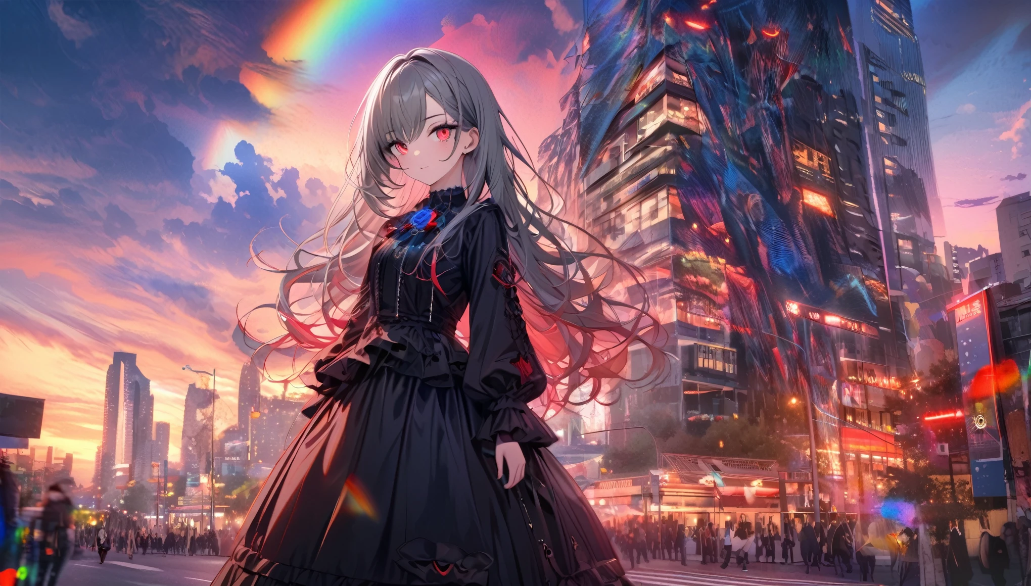 Modern city, busy street at dusk with rainbow, tense lens, the main body of the photo is the background of the big city, bright and fresh photo, beautiful abstract big city and age girl character in it. Gray hair color, red glowing eyes, long hairstyle, mole under the left eye, blue rose brooch, gothic loliashion, surreal background, enchanting style,
