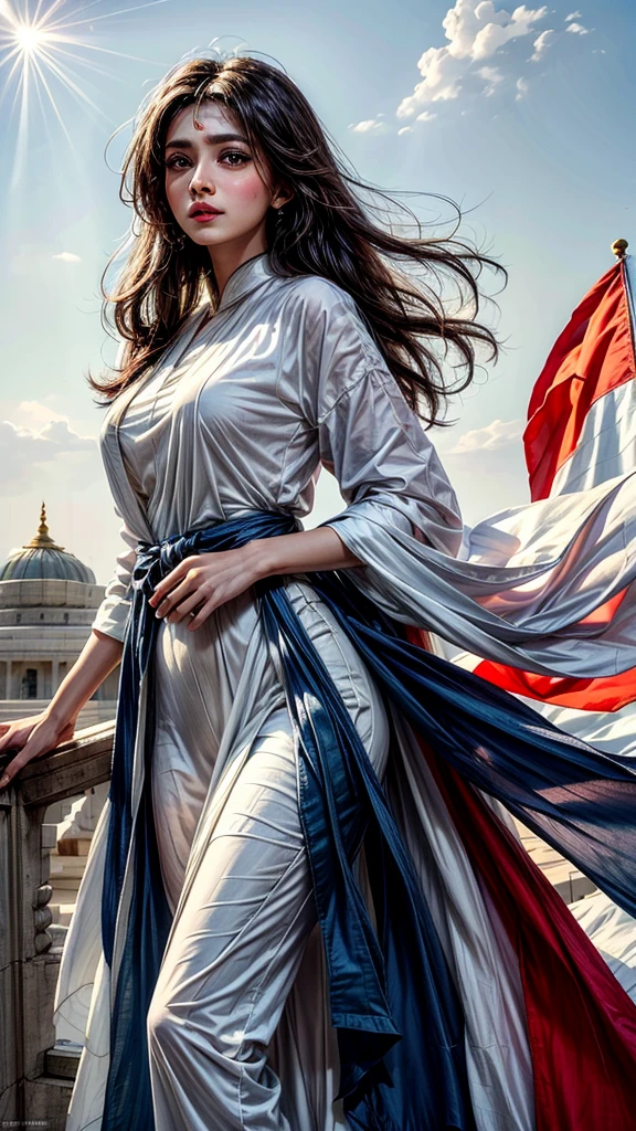 Indian woman, exuberant expression, marking 78th Independence Day, prominently placed before unfurled Indian flag, attire consists of corporate white salwar kameez, unrestricted open hair, vibrant tricoloured dupatta flowing, embodiment of liberation, absence of jewelry, natural light, ultra clear, digital painting.