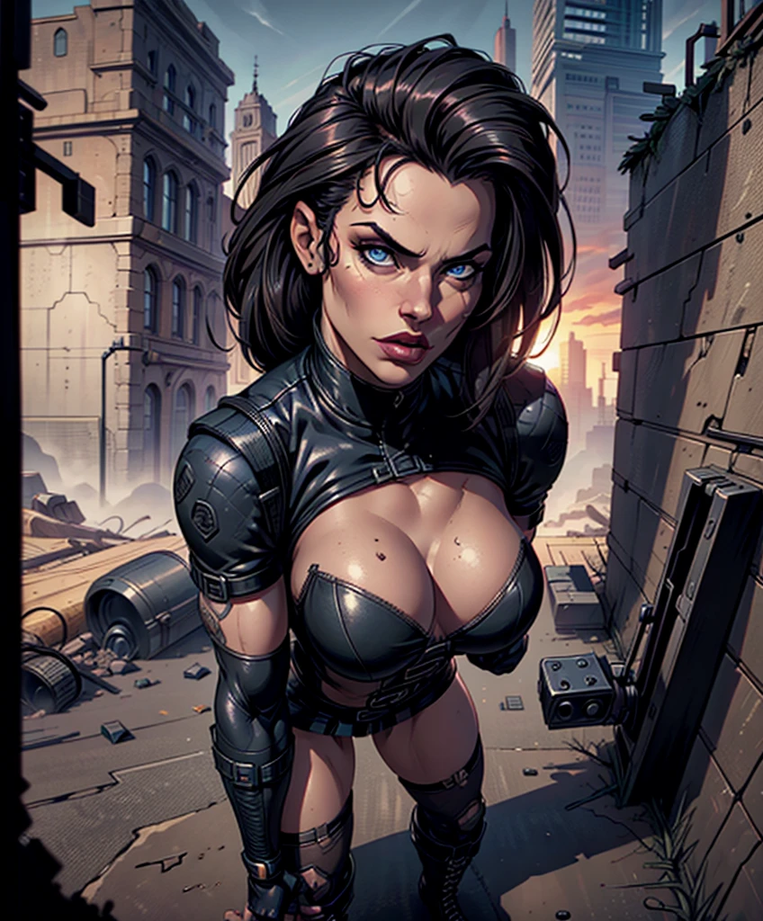 (((Full-length shot))),((full height)),((Best quality)), ((masterpiece)),(detailed),muscular build and medium breasts .., wears an open black leather vest.., black leather gloves, a short skirt and heavy boots. She has a punk rock look.Hyper-realistic close-up photo of Rose Wilson DC, blue eyes,(Photorealism: 1.4), Create dystopian masterpieces. Post-apocalyptic world. Pay attention to small details, sharp focus. The palms of the hands are clenched into fists.