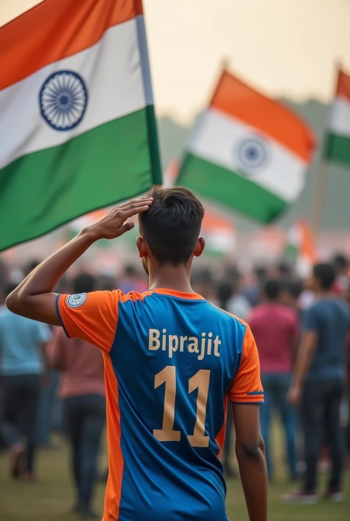 Create a whatsapp dp of a 19 years teen wearing a jersey of name Biprajit and saluting indian flag at independence day and he is showing his back side