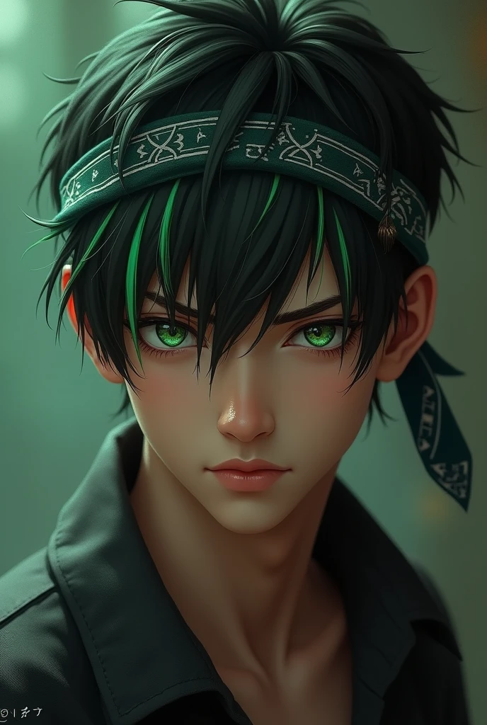 Young male face, 3/4, seen from below, short black hair, with green streaks, side-swept bangs that are a third of the width of the forehead and a bandana on the forehead, serious eyes