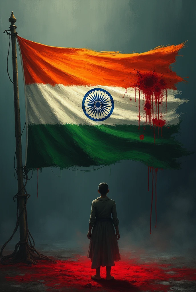 I want a background with Indian flag representimg red blood 9f raped women and crimes happening in india