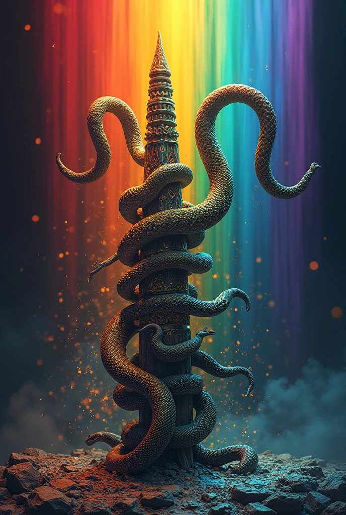 An instrument of war of Oxumarê filled with happy snakes and an African rainbow