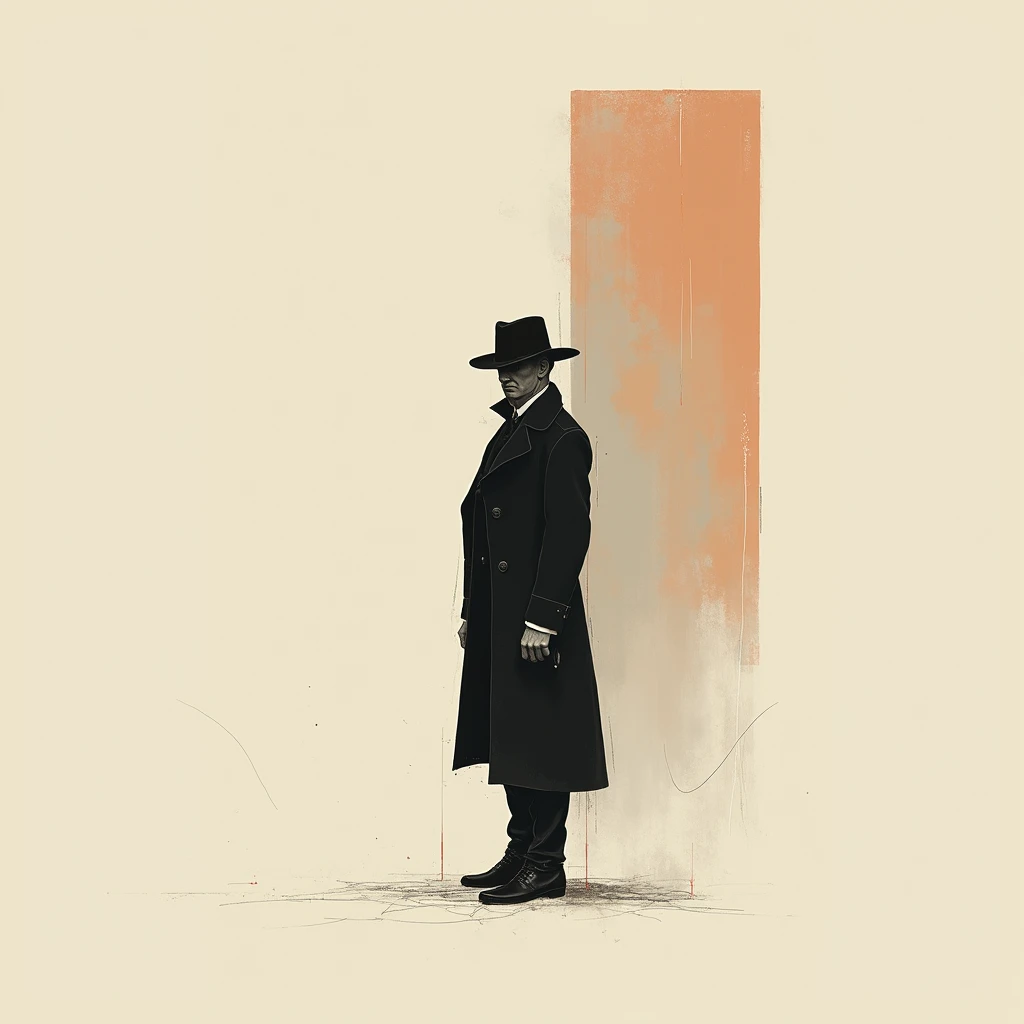 create an image of a Spy 1889. use this style: {"artwork":{"line_work":{"type": ["continuous","rudimentary"],"characteristics": ["unbroken lines","thin","fluid","expressive","creates motion"]},"subject":{"style":"simplified","details":false,"description":"capturing essence with no detail"},"composition":{"background_color":"#ffffff","arrangement":"centered","balance":"balanced","focal_point":"none","color_patch":{"color":"#d9cbb8","shape":"organic, irregular","position": ["layered beneath line art","near the focal point","slightly offset to maintain balance"],"size":"medium","layer":"background","quantity":1,"edges":"crisp","purpose":"contrast and balance"},"viewer_experience":"eye moves freely","negative-space":"important role","effect":"harmony"},"overall_style":{"influences": ["modern","minimalist","abstract art","contemporary illustration"],"cohesion":"continuous line drawing","fluidity":"emphasized","color_effect":"adds warmth and softness"}}}